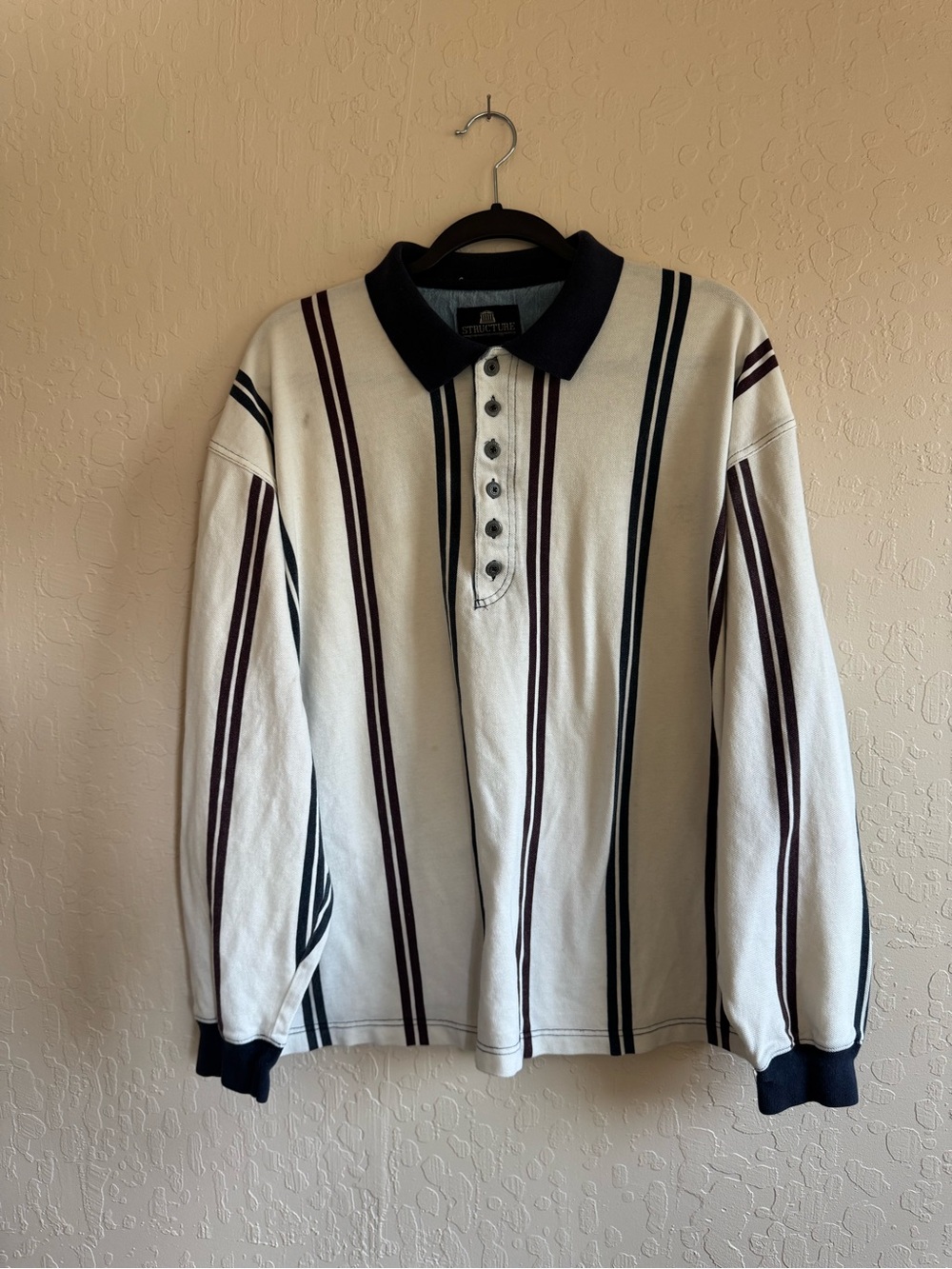 Structure Cream Long-Sleeve Rugby Shirt w/ Navy and Burgundy Stripes